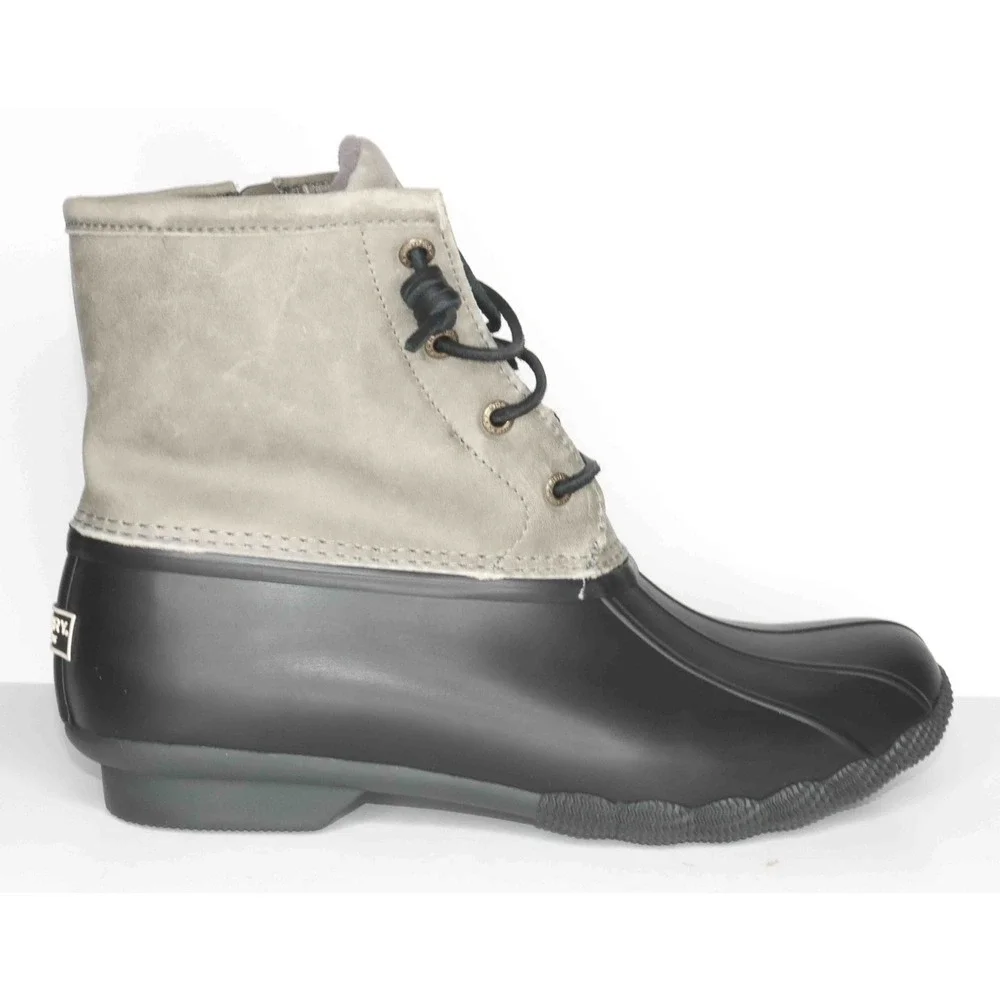 Sperry Saltwater Black Gray Waterproof Lace Up Ankle Rain Boot Leather Women 10M